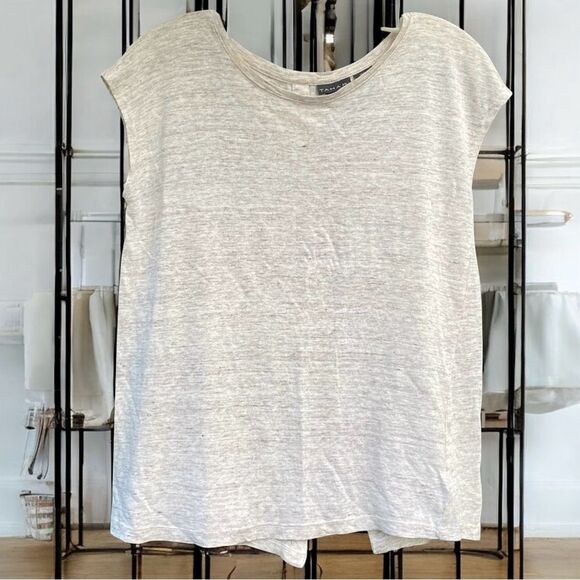Tahari Beige 100% Linen Scoop Neck Button Back Short Sleeve Top SM Cottagecore - Picture 1 of 6